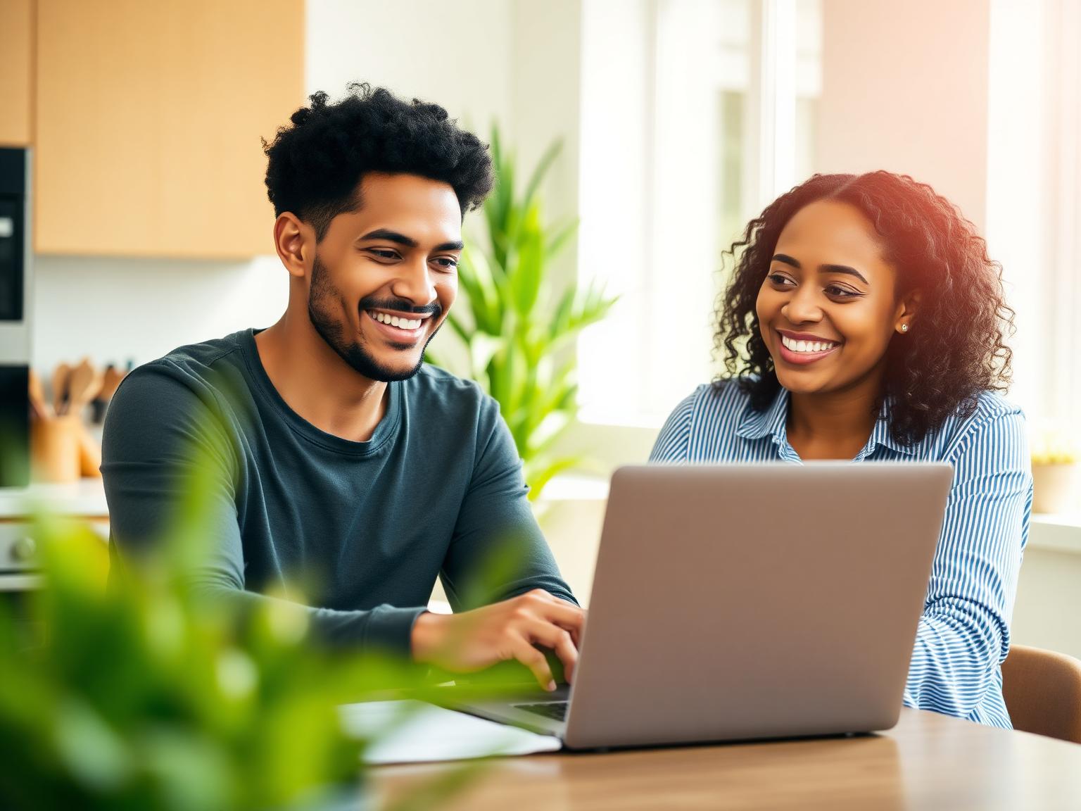 Happy couple reviewing their improved credit score together